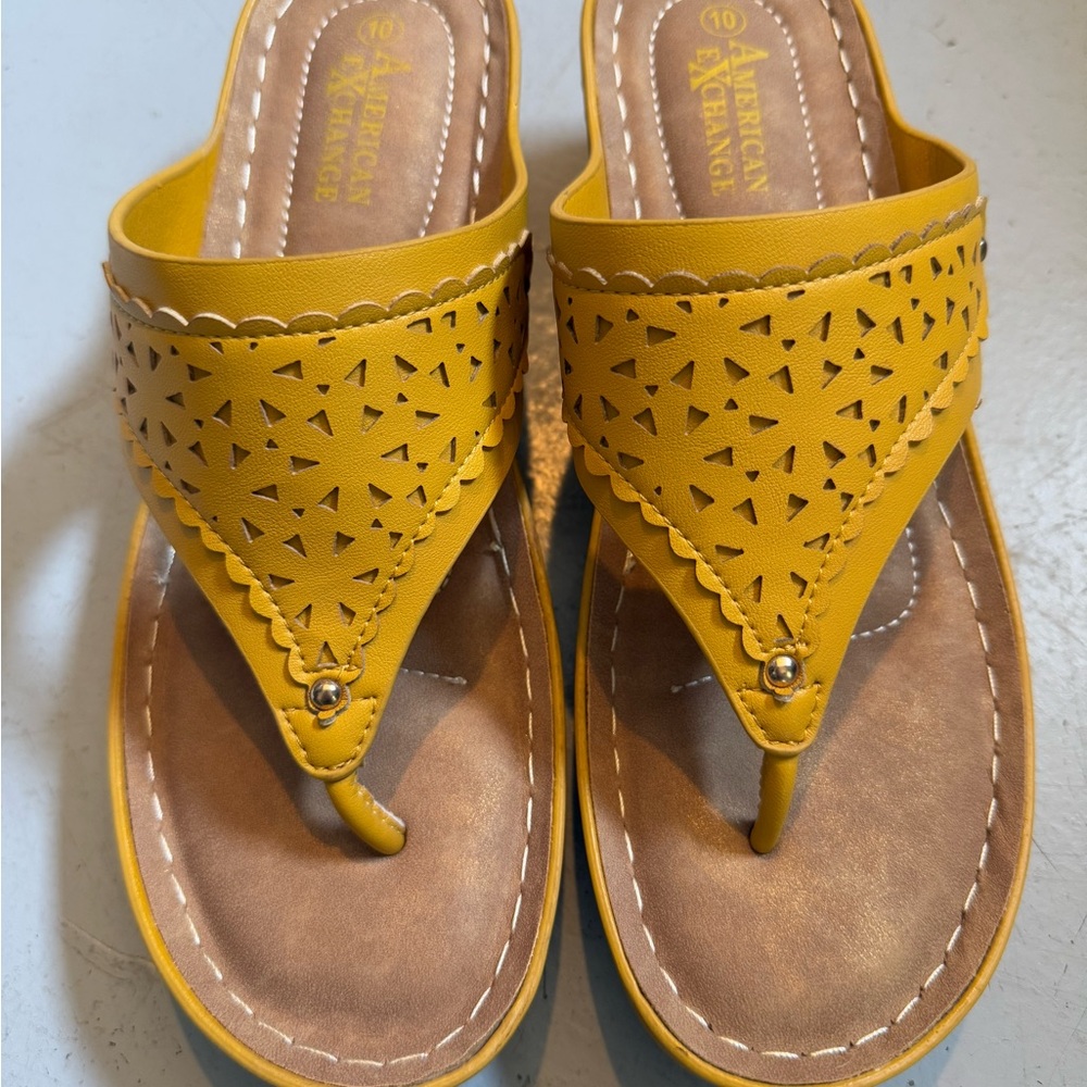 American Exchange Yellow Sandals with Laser-Cut Design